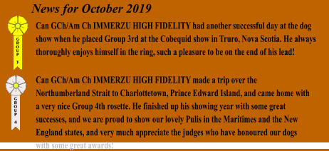 Can GCh/Am Ch IMMERZU HIGH FIDELITY had another successful day at the dog show when he placed Group 3rd at the Cobequid show in Truro, Nova Scotia. He always thoroughly enjoys himself in the ring, such a pleasure to be on the end of his lead! Can GCh/Am Ch IMMERZU HIGH FIDELITY made a trip over the Northumberland Strait to Charlottetown, Prince Edward Island, and came home with a very nice Group 4th rosette. He finished up his showing year with some great successes, and we are proud to show our lovely Pulis in the Maritimes and the New England states, and very much appreciate the judges who have honoured our dogs with some great awards! News for October 2019