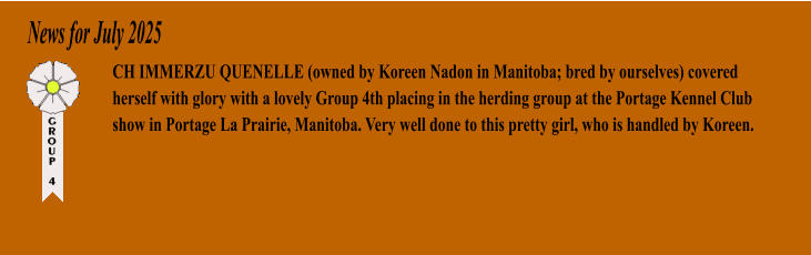 News for July 2025 CH IMMERZU QUENELLE (owned by Koreen Nadon in Manitoba; bred by ourselves) covered herself with glory with a lovely Group 4th placing in the herding group at the Portage Kennel Club show in Portage La Prairie, Manitoba. Very well done to this pretty girl, who is handled by Koreen.