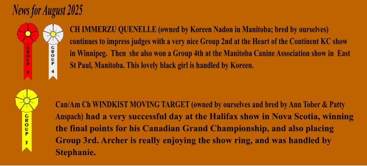 CH IMMERZU QUENELLE (owned by Koreen Nadon in Manitoba; bred by ourselves) continues to impress judges with a very nice Group 2nd at the Heart of the Continent KC show in Winnipeg.  Then  she also won a Group 4th at the Manitoba Canine Association show in  East St Paul, Manitoba. This lovely black girl is handled by Koreen.   News for August 2025 Can/Am Ch WINDKIST MOVING TARGET (owned by ourselves and bred by Ann Tober & Patty Anspach) had a very successful day at the Halifax show in Nova Scotia, winning the final points for his Canadian Grand Championship, and also placing Group 3rd. Archer is really enjoying the show ring, and was handled by Stephanie.