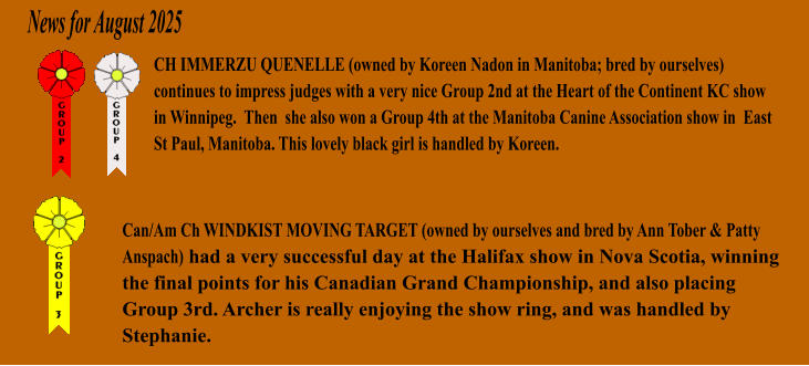 CH IMMERZU QUENELLE (owned by Koreen Nadon in Manitoba; bred by ourselves) continues to impress judges with a very nice Group 2nd at the Heart of the Continent KC show in Winnipeg.  Then  she also won a Group 4th at the Manitoba Canine Association show in  East St Paul, Manitoba. This lovely black girl is handled by Koreen.   News for August 2025 Can/Am Ch WINDKIST MOVING TARGET (owned by ourselves and bred by Ann Tober & Patty Anspach) had a very successful day at the Halifax show in Nova Scotia, winning the final points for his Canadian Grand Championship, and also placing Group 3rd. Archer is really enjoying the show ring, and was handled by Stephanie.
